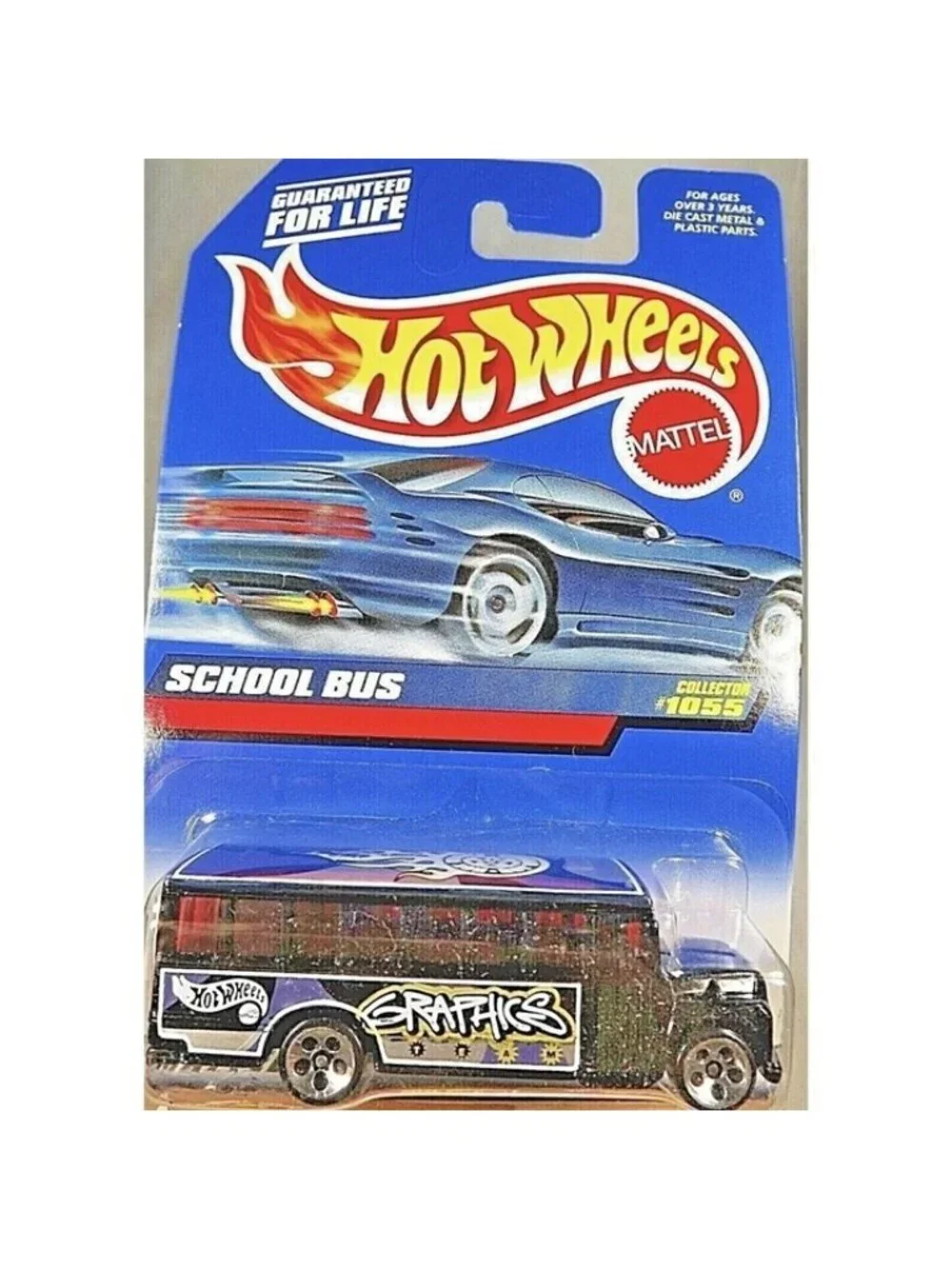 Vintage Die Cast Hot Wheels 1999 SCHOOL BUS #1055 Black Graphics 5 Hole Mattel
